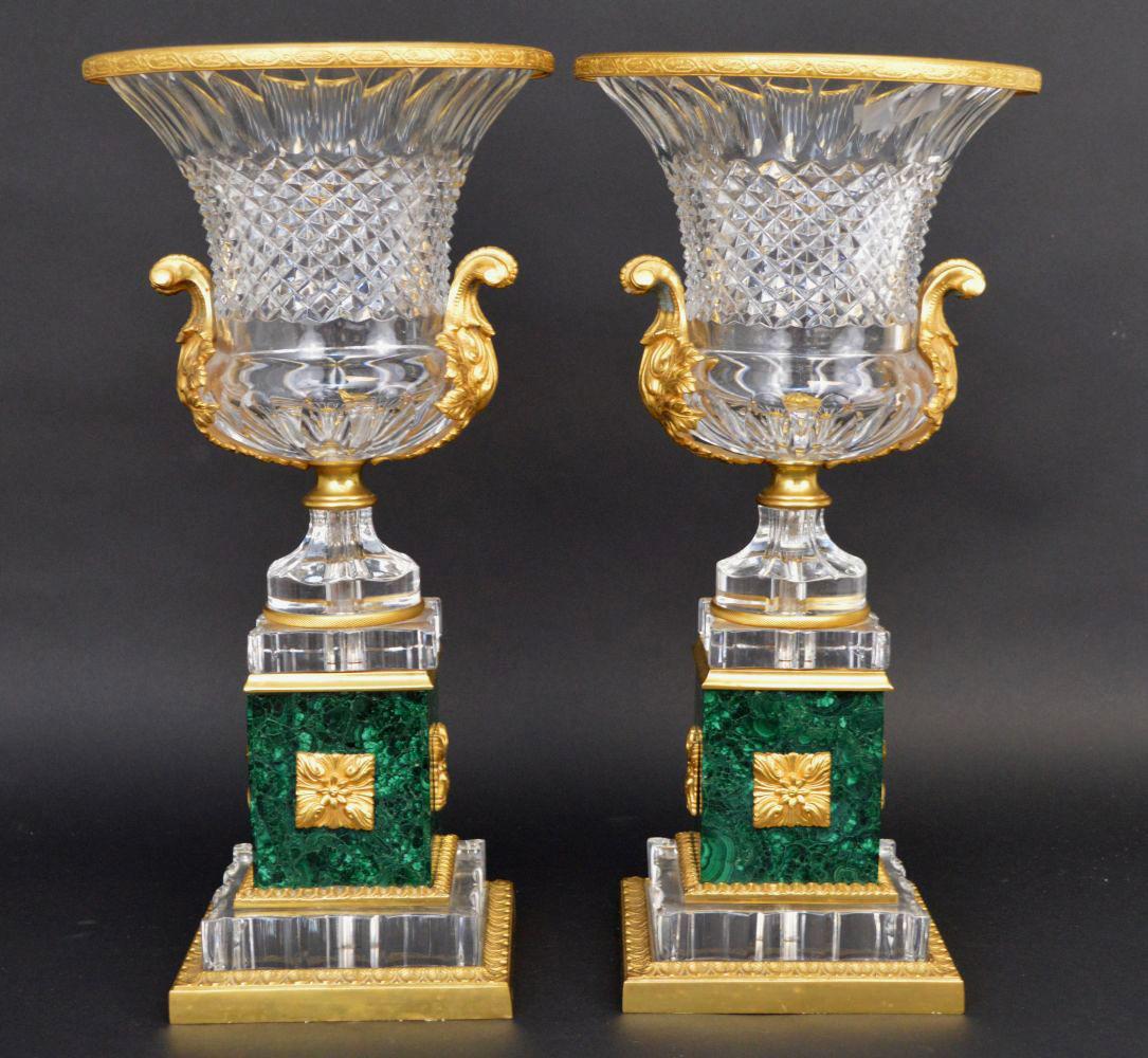 PAIR GILT BRONZE CRYTSAL & MALACHITE URNS.  The gilt (1 of 7)