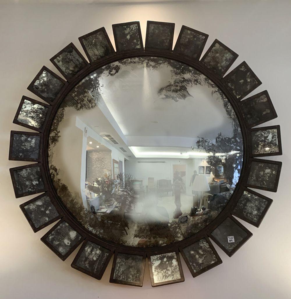 LARGE CIRCULAR METAL & MERCURY GLASS MIRROR. (1 of 2)