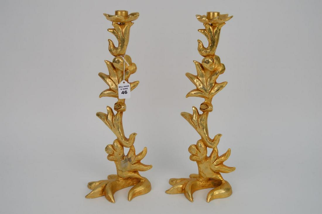 PAIR GILT BRONZE CANDLESTICKS  with floral form bases. (1 of 6)