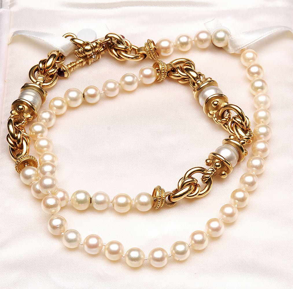 18K Yellow Gold Pearl Necklace with Diamond Ruby Clasp. (1 of 3)