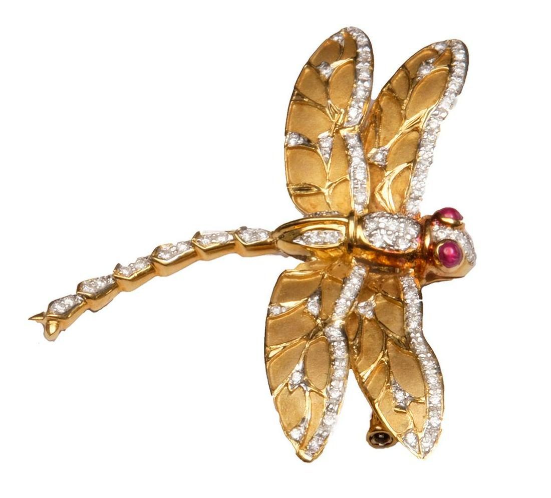 18K Yellow Gold Diamond with Rubies Eyes Dragonfly.: 18K Yellow Gold Diamond with Rubies Eyes Dragonfly. Size 2" weight 12.7g diamond .58tcwShould you wish to pay by credit card you will need to send a photo of your ID matching the card along with a pho