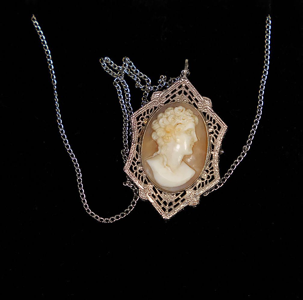 14k White Gold Filigree Cameo Necklace. 19" white gold: 14k White Gold Filigree Cameo Necklace. 19" white gold chain, Cameo, 32 x 21 mm weight 6.2 gramsShould you wish to pay by credit card you will need to send a photo of your ID matching the card along w