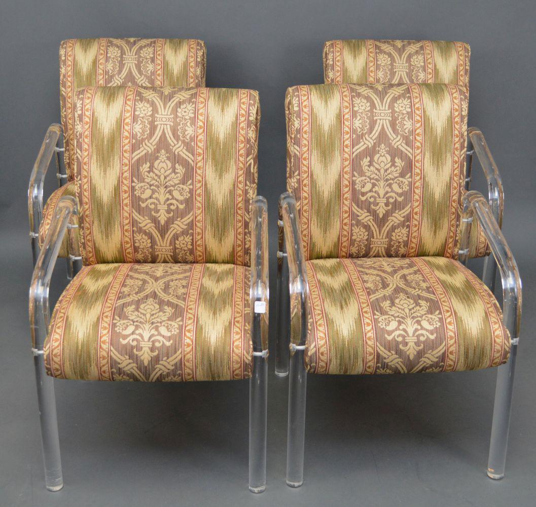 4 UPHOLSTERED CHAIRS WITH LUCITE LEGS AND ARMS. (1 of 4)
