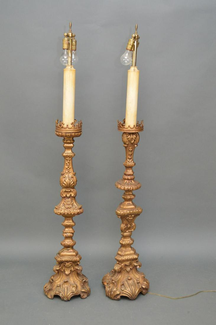 PAIR LARGE CARVED GILTWOOD ITALIAN FLOOR LAMPS. (1 of 6)