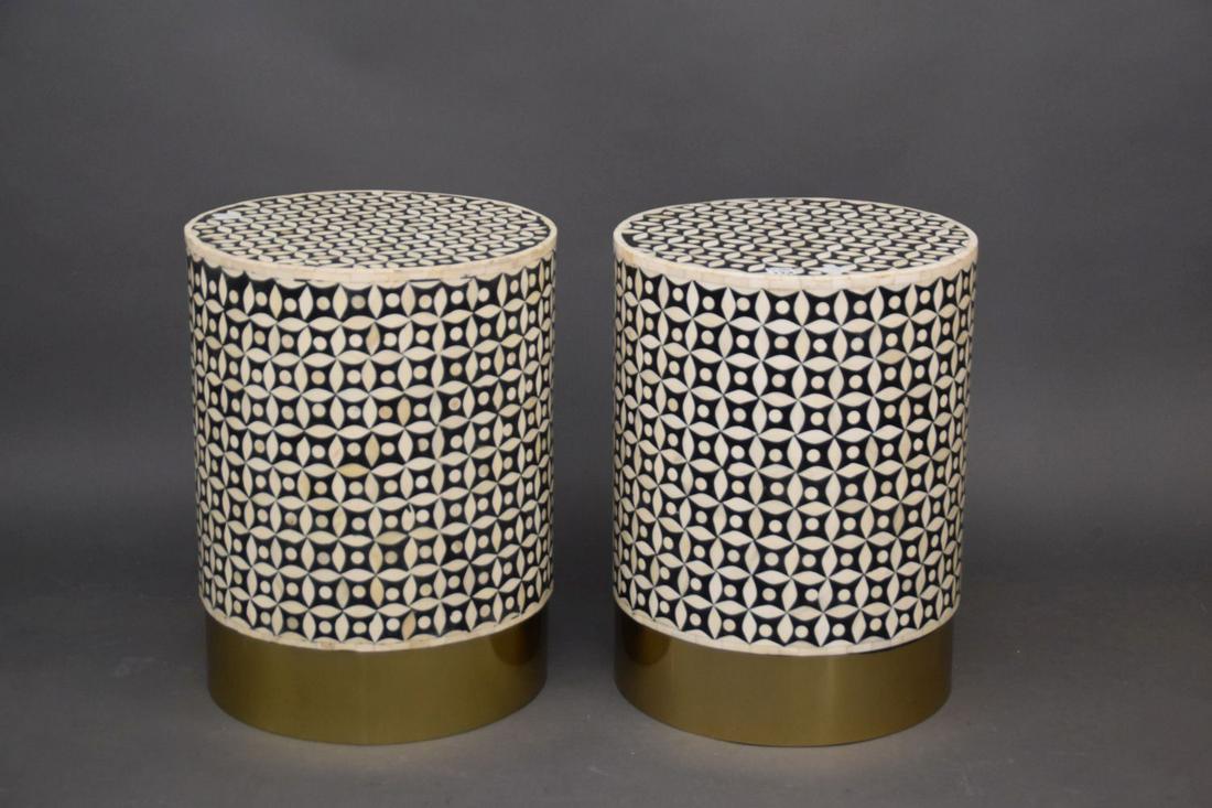 Pair Cylinder Form Ebony & Bone Side Tables, 19"h x: Pair Cylinder Form Ebony & Bone Side Tables, 19"h x 14"w