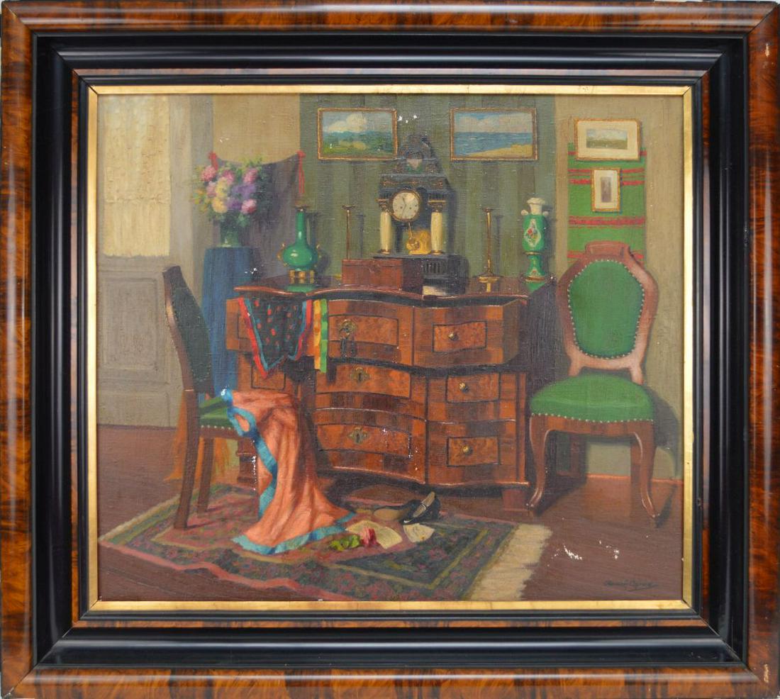 Arpad Romek (HUNGARIAN, 1883–1960) Oil on canvas-: Arpad Romek (HUNGARIAN, 1883–1960) Oil on canvas- Elegant interior with chest of drawers and portal clock, signed painting size 23-5/8 x 27-3/4 inches