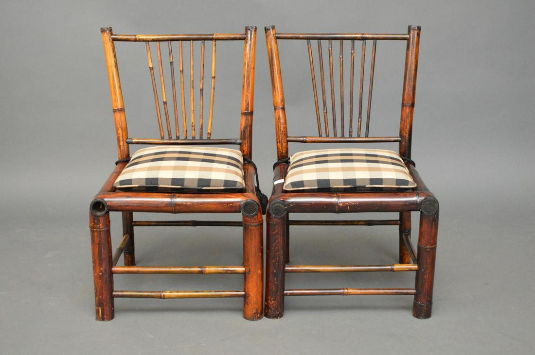 PAIR BAMBOO CHILDRENS CHAIRS WITH UPHOLSTERED CUSHIONS. (1 of 4)