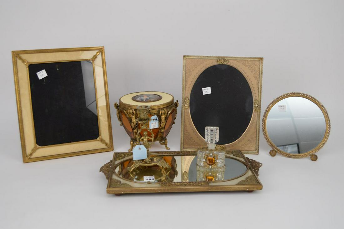 Vintage Filigree Brass Vanity Dresser Tray, Perfume,: Vintage Filigree Brass Vanity Dresser Tray, Perfume, Standing Mirror, Gilt Cherub Portrait, Amber Glass Large Jewel Casket, putti candle holder and 2 large picture frames