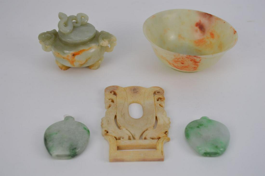 FOUR CHINESE JADE ARTICLES W/ A CARVED STONE OBJECT - (1 of 6)