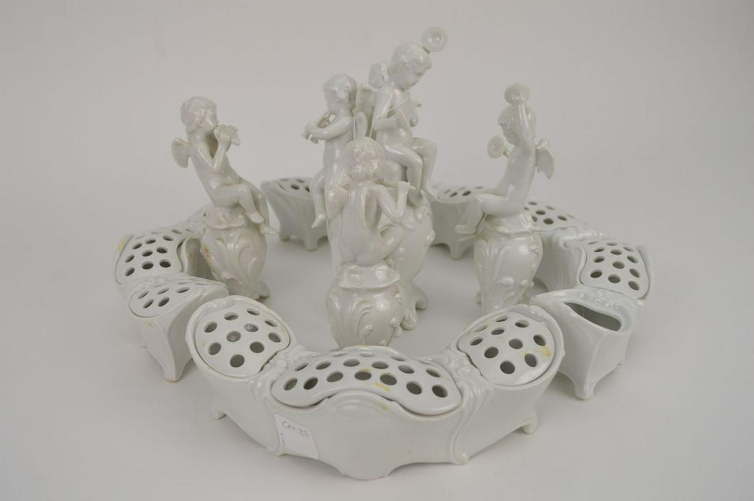 Capodimonte 9 pc. Blanc de chin porcelain floral: Capodimonte 9 pc. Blanc de chin porcelain floral centerpiece (one flower lid missing)