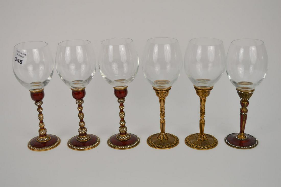 6 Edgar Berebi stemmed wine glasses, 4 are jeweled, 9"h: 6 Edgar Berebi stemmed wine glasses, 4 are jeweled, 9"h