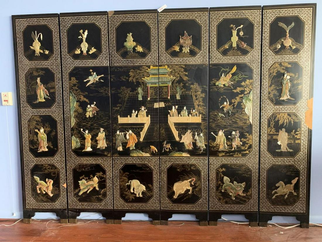 6 Panel Black Lacquer Screen with hardstone panels and (1 of 5)