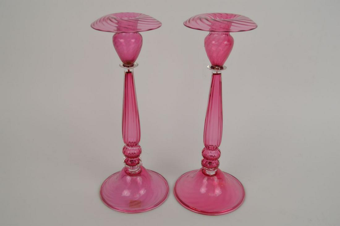 Pair Steuben Cranberry Glass Candlesticks, Signed , 11 (1 of 5)