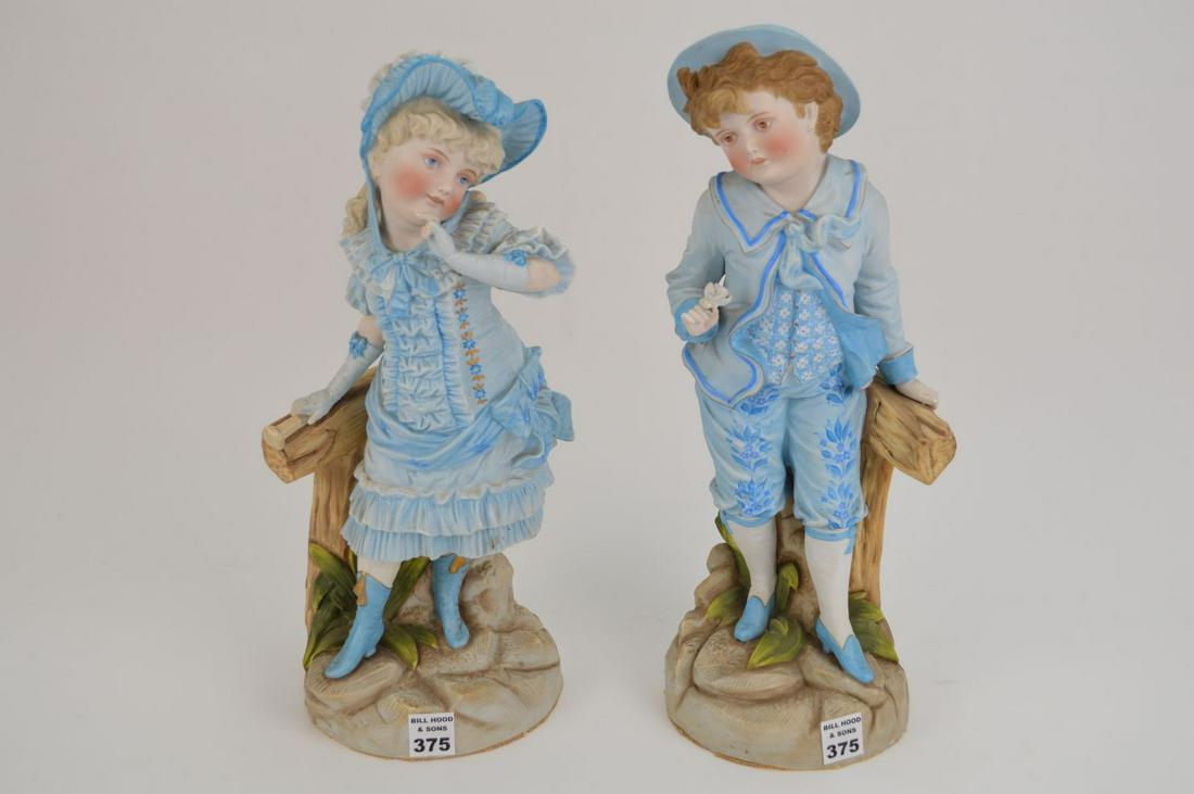 Pair Kate Greenaway style English bisque figures, 16"h: Pair Kate Greenaway style English bisque figures, 16"h
