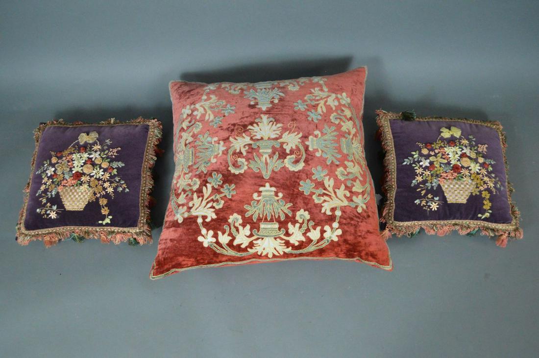 Velvet Down Pillow, embroidered leaf urn & flower (1 of 6)