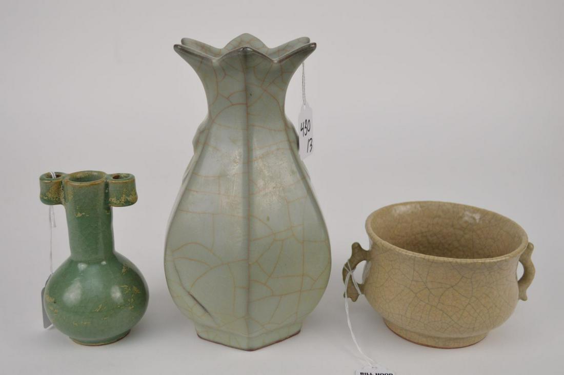 THREE CHINESE CRACKLE GLAZE POTTERY VESSELS - Lot (1 of 8)