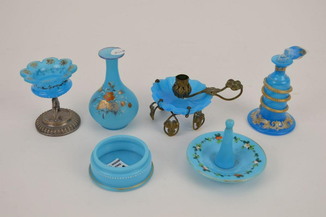 6 pc. Blue Opaline Glass, (Some as is): 6 pc. Blue Opaline Glass, (Some as is)