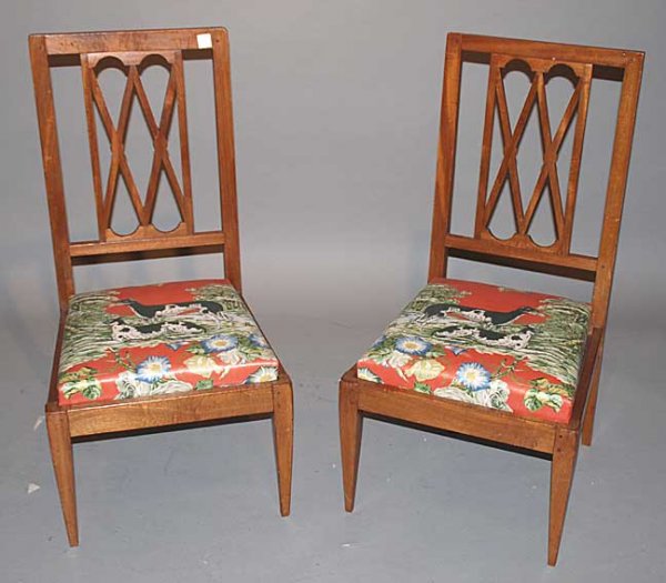 2 unusual walnut side chairs with fabric that mat