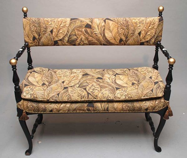 Bench with black turned wood frame upholstered ba
