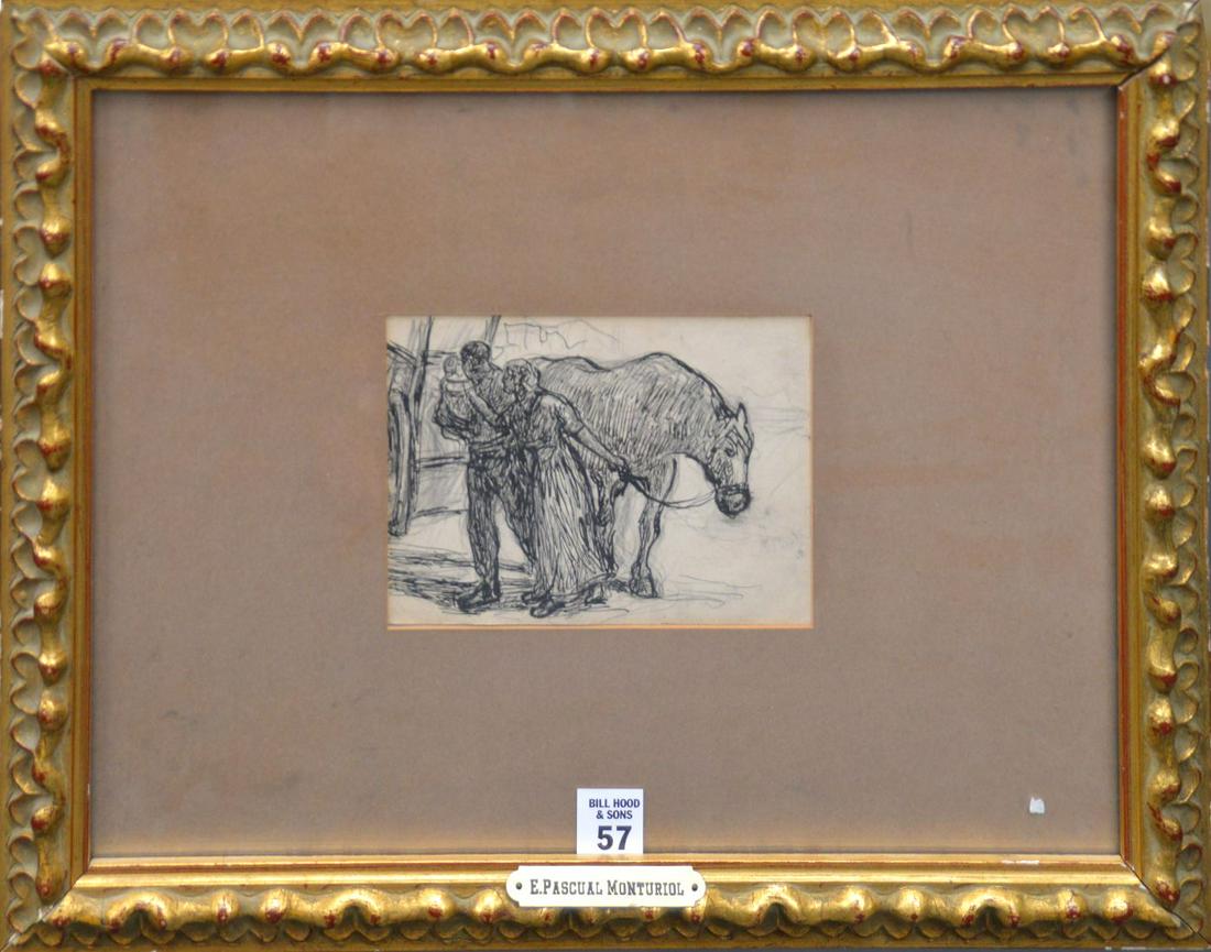 Enrique Pascual Monturiol (Spanish 1886 - 1933) Pen and: Enrique Pascual Monturiol (Spanish 1886 - 1933) Pen and Ink drawing, family with their horse, no visible signature, sight size 4 3/4 x 6 1/2 inches, overall frame 14 1/4 x 18 1/4 inches