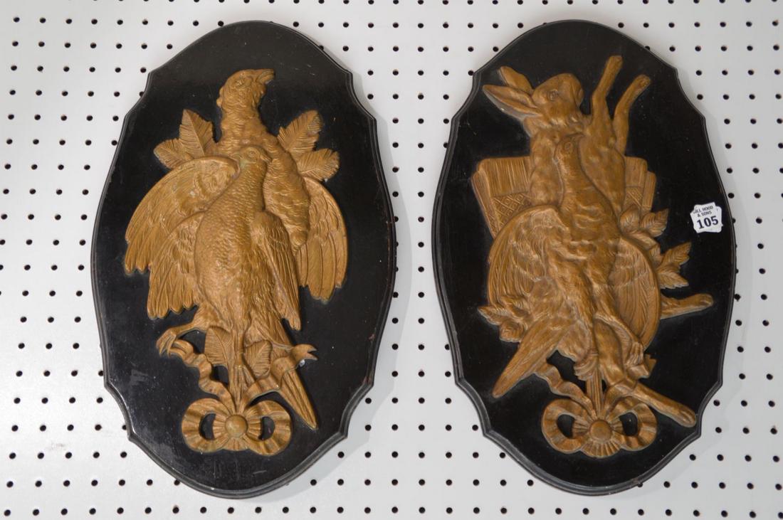Pair Wood plaques with mounted bronze Trophy Motif, (1 of 6)