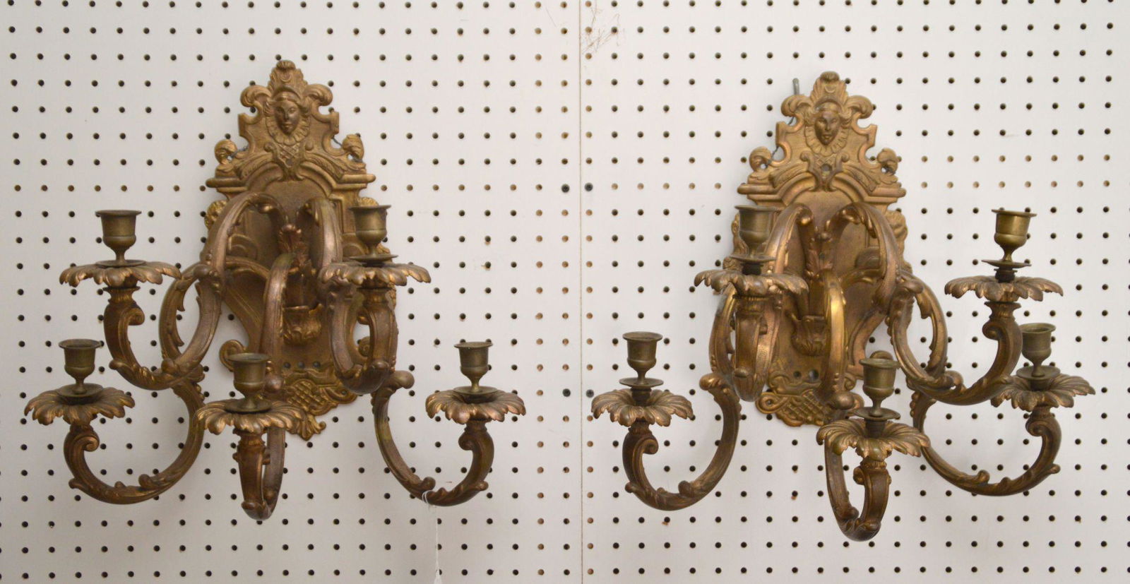 Pair Bronze 5 Branch Wall Sconces, 16"h x 16"w: Pair Bronze 5 Branch Wall Sconces, 16"h x 16"w