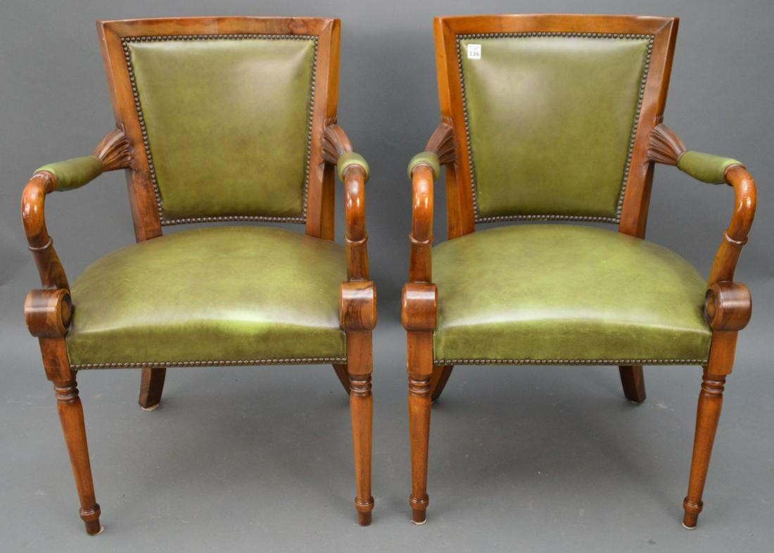 Pair Green Leather Arm Chairs With Turned Arm Rests (1 of 3)