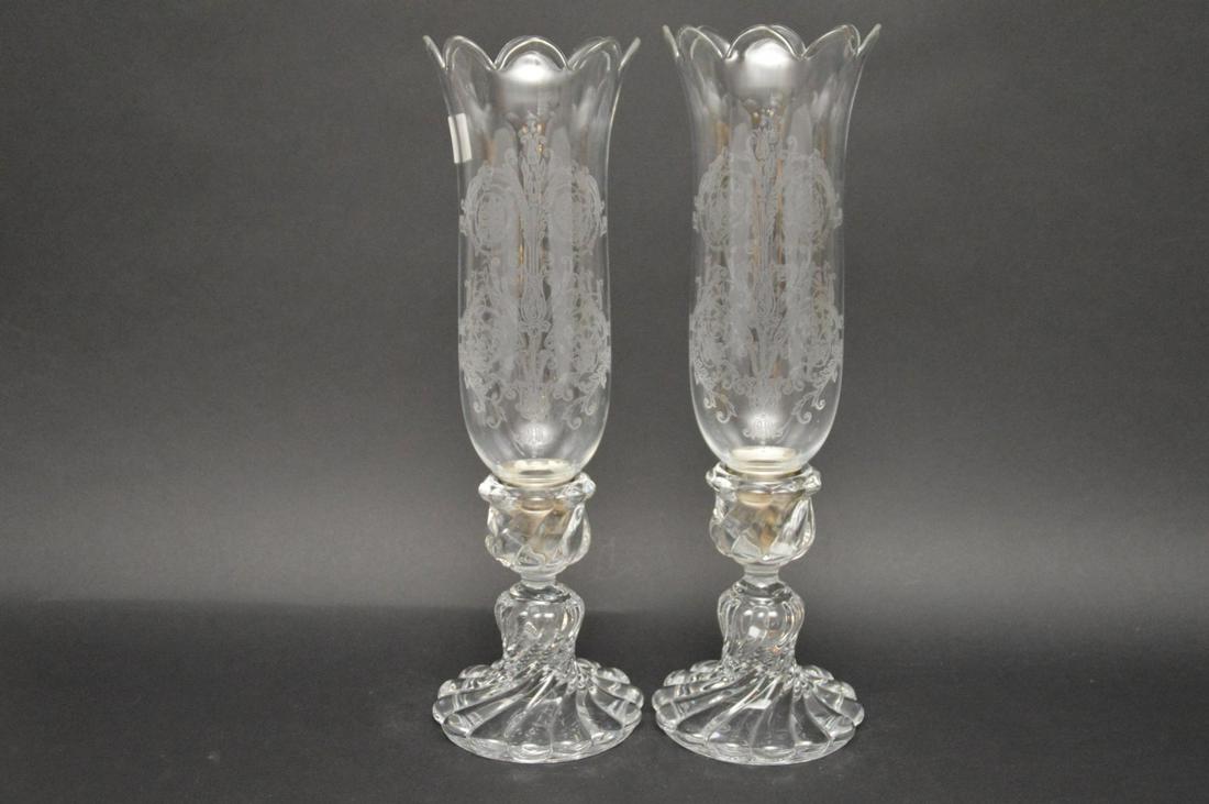 PAIR BACCARAT GLASS CANDLESTICKS with etched Baccarat (1 of 9)