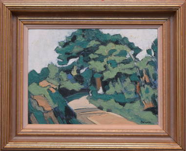 Attributed to: Robert Bevan (1865 - 1925) oil on board,: Attributed to: Robert Bevan (1865 - 1925) oil on board, small Landscape path w/ tree's, 9 x 12 inches