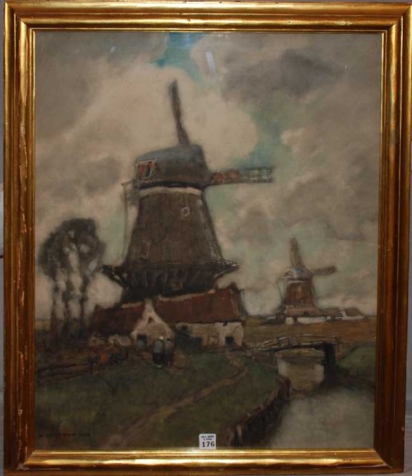 William Frederick Ritshcel, N.A. (Dutch/American,: William Frederick Ritshcel, N.A. (Dutch/American, 1864-1949) lived in Carmel, California, landscape with windmill, signed "W. Ritschel" lower left, watercolor on paper, 27 3/4" x 21 1/2" framed in gil