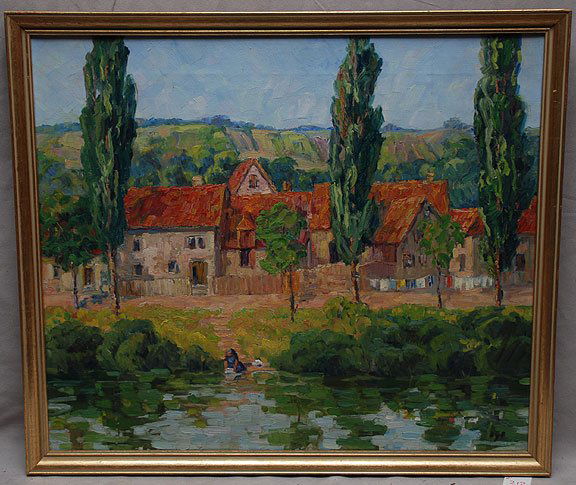 Marcel Dyf (FRENCH, 1899-1985) oil on canvas, hous: Marcel Dyf (FRENCH, 1899-1985) oil on canvas, houses & lady by water, 18" x 21-1/2"