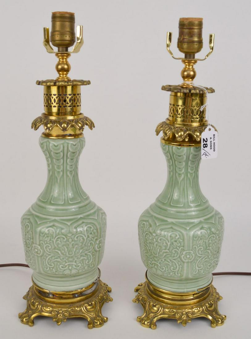 Pair Celadon Table Lamps with Gilt Metal Mounts, 16"h (1 of 7)