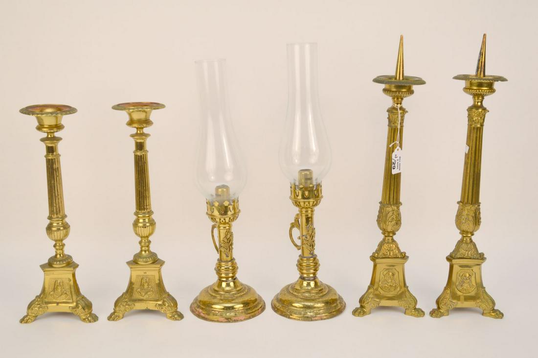 6 Brass Piece Lot: Pair 19th C. Brass Hurricane Lamps (1 of 10)