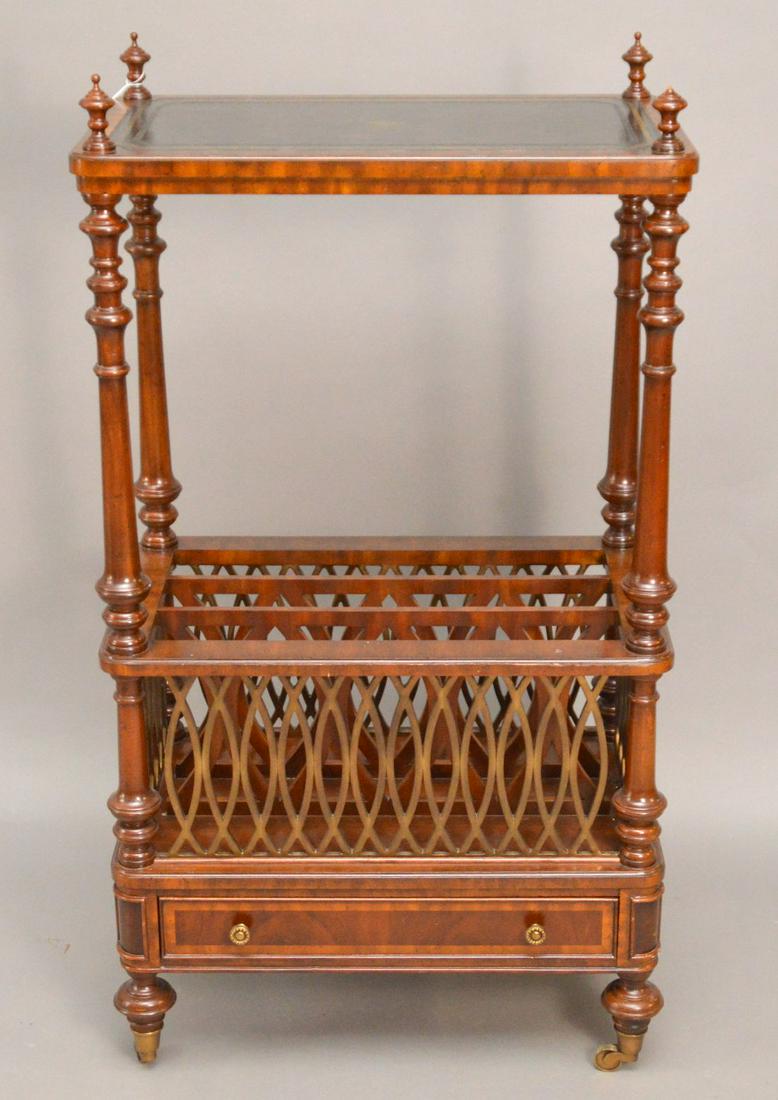 Maitland Smith Mahogany Canterbury On Wheels with: Maitland Smith Mahogany Canterbury On Wheels with Turned Supports, 44"h x 24"w x 14"d (has one mini finial break and small ding to leather surface top shelf)