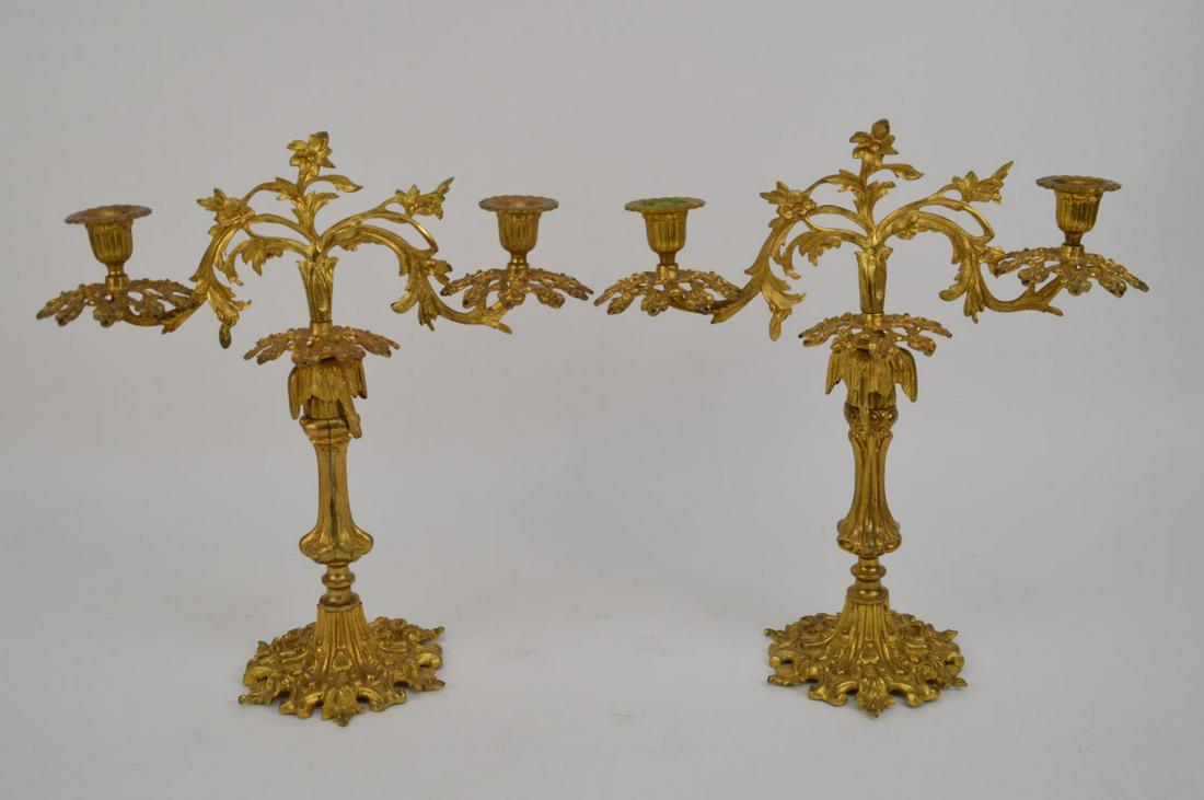PAIR 19TH CENTURY GILT BRONZE CANDELABRA. Condition:: PAIR 19TH CENTURY GILT BRONZE CANDELABRA. Condition: no damage identified. Height 13 3/4" Width 13" Depth 5 1/2"
