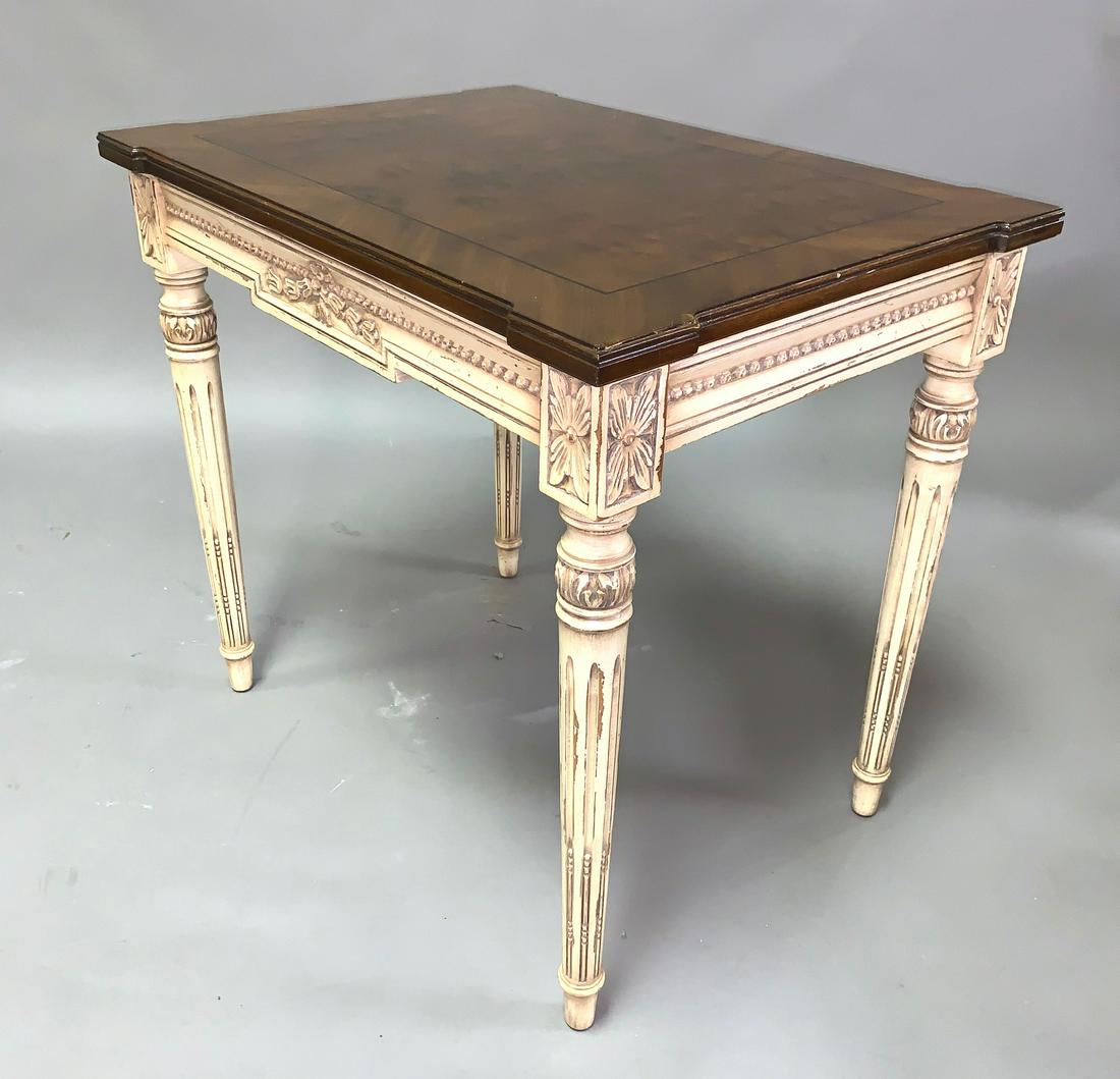 KARGES CARVED & PAINTED LAMP TABLE WITH MAHOGANY TOP. (1 of 3)