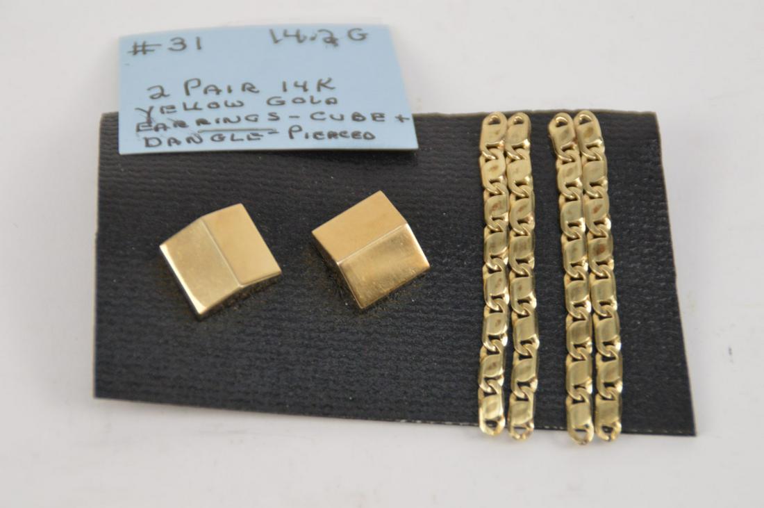 2 Pair 14kt Yellow Gold Earrings, Cube & Dangle For (1 of 3)
