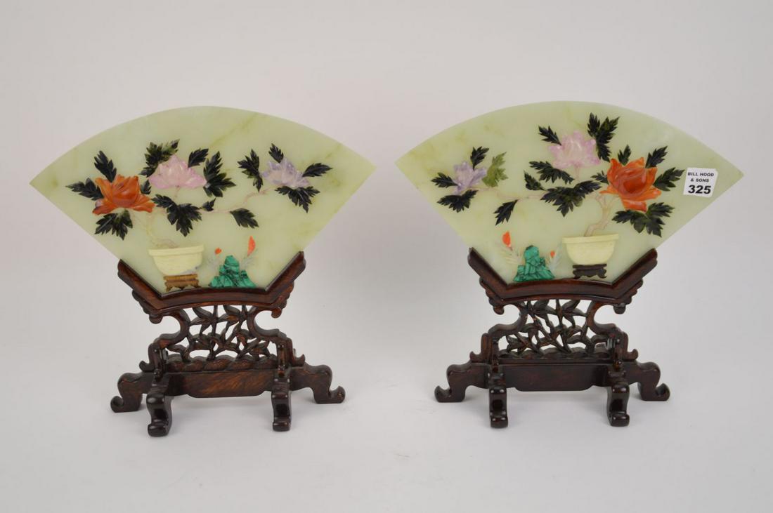 Pair Chinese Fan Shaped Hardstone Plaques on carved (1 of 14)