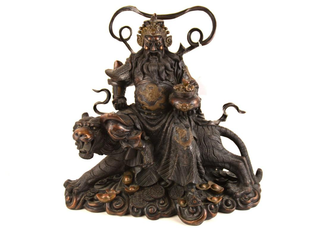 CHINESE BRONZE WARRIOR ON TIGER 20TH CENTURY 17x16 (1 of 10)