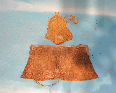 (2) antique ladies mesh evening bags, one gold col: (2) antique ladies mesh evening bags, one gold colored frame elongated with mesh handle, 3 beads on bottom; one German silver mesh bag, good condition
