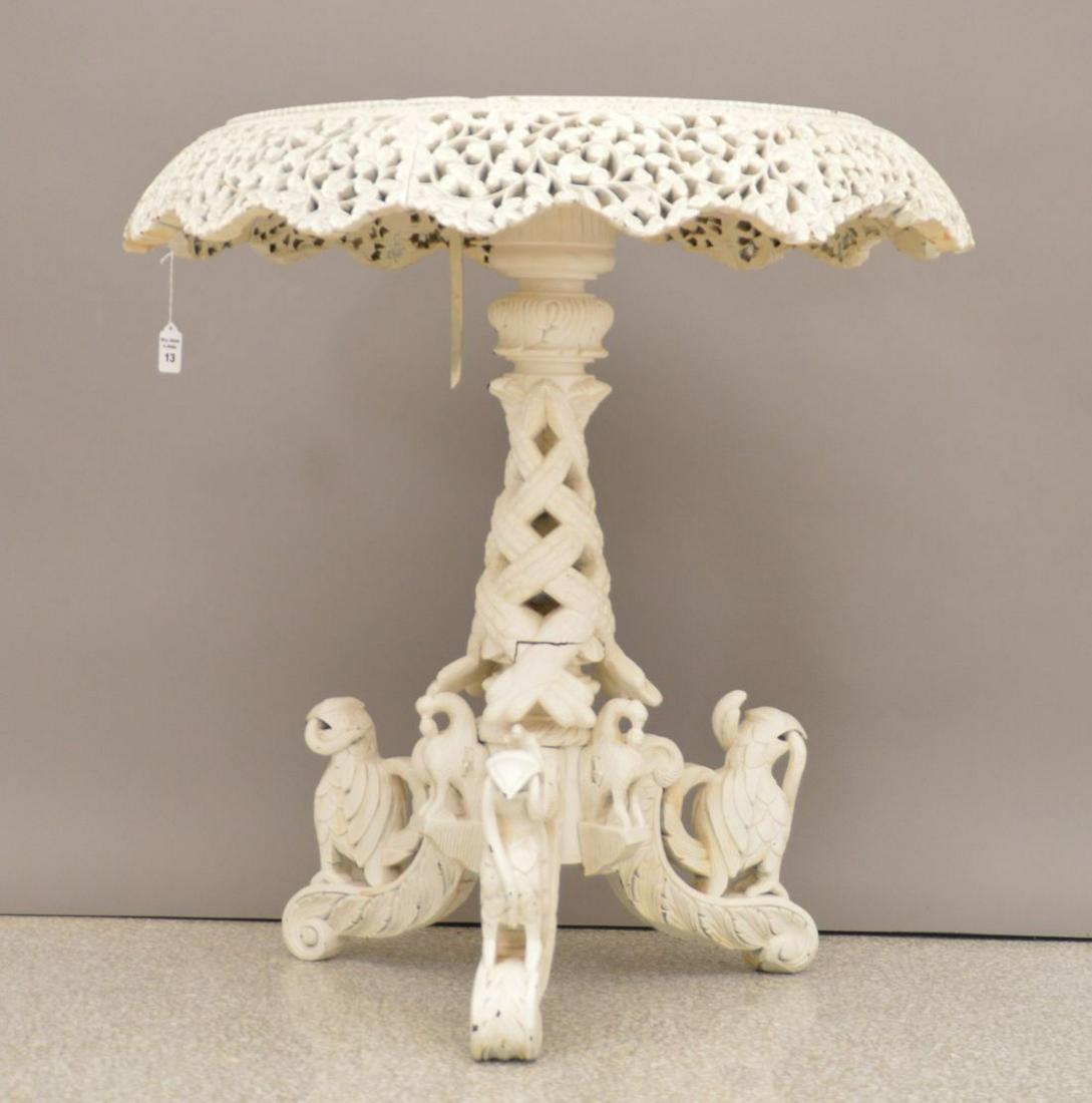 Vintage Carved and painted White Anglo Indian table: Vintage Carved and painted White Anglo Indian table with Elaborate Figural Carved Pedestal Base, 30"h x 27"d