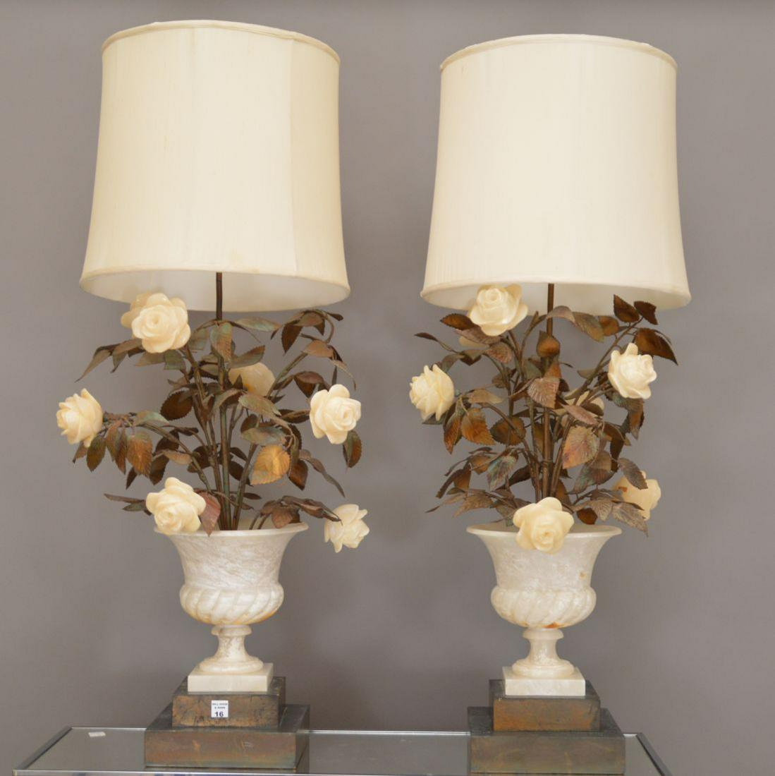 Pair of Alabaster Urn Form Lamps with carved Alabaster: Pair of Alabaster Urn Form Lamps with carved Alabaster Roses and Tole Stems, 50"h