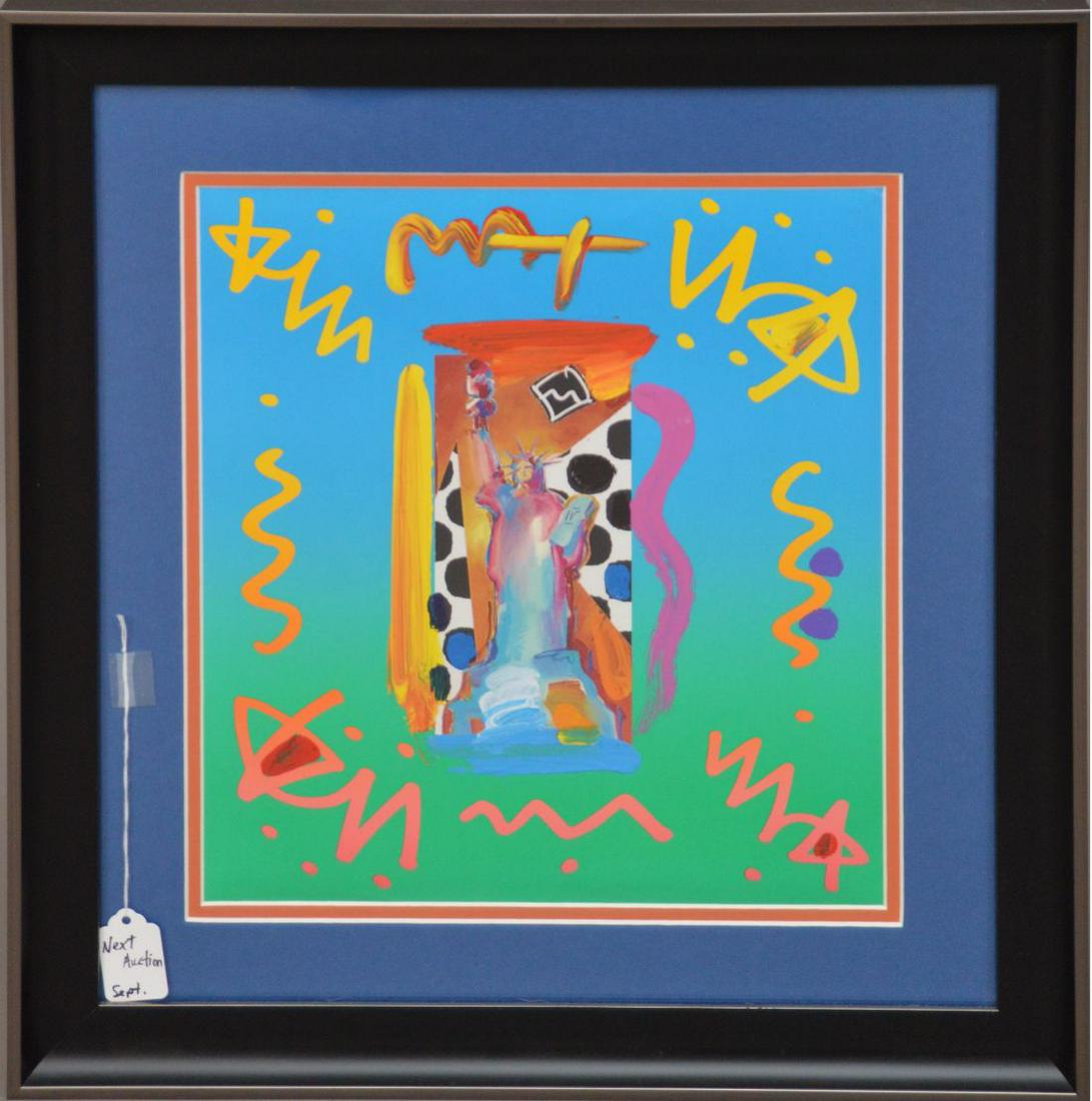 Peter Max (AMERICAN, 1937) Mixed Media, Statue of: Peter Max (AMERICAN, 1937) Mixed Media, Statue of Liberty in middle signed MAX at top center. Imaged size 13-1/2 x 11-1/2. framed size 20 x 18-1/2 inches