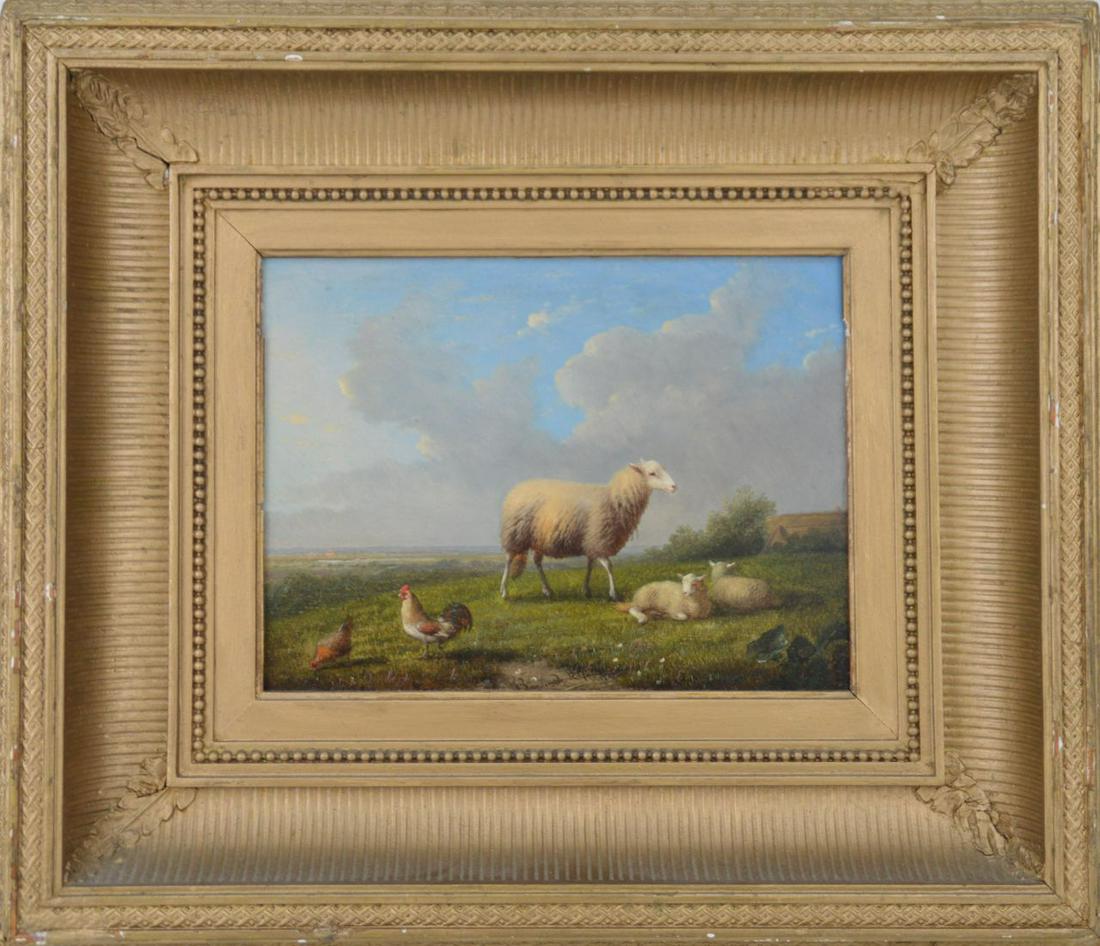 Franz van Severdonck (BELGIAN, 1809–1889) oil on panel,: Franz van Severdonck (BELGIAN, 1809–1889) oil on panel, sheep and chickens landscape, 7 x 9-1/2 inches, framed size 15 x 17 inches