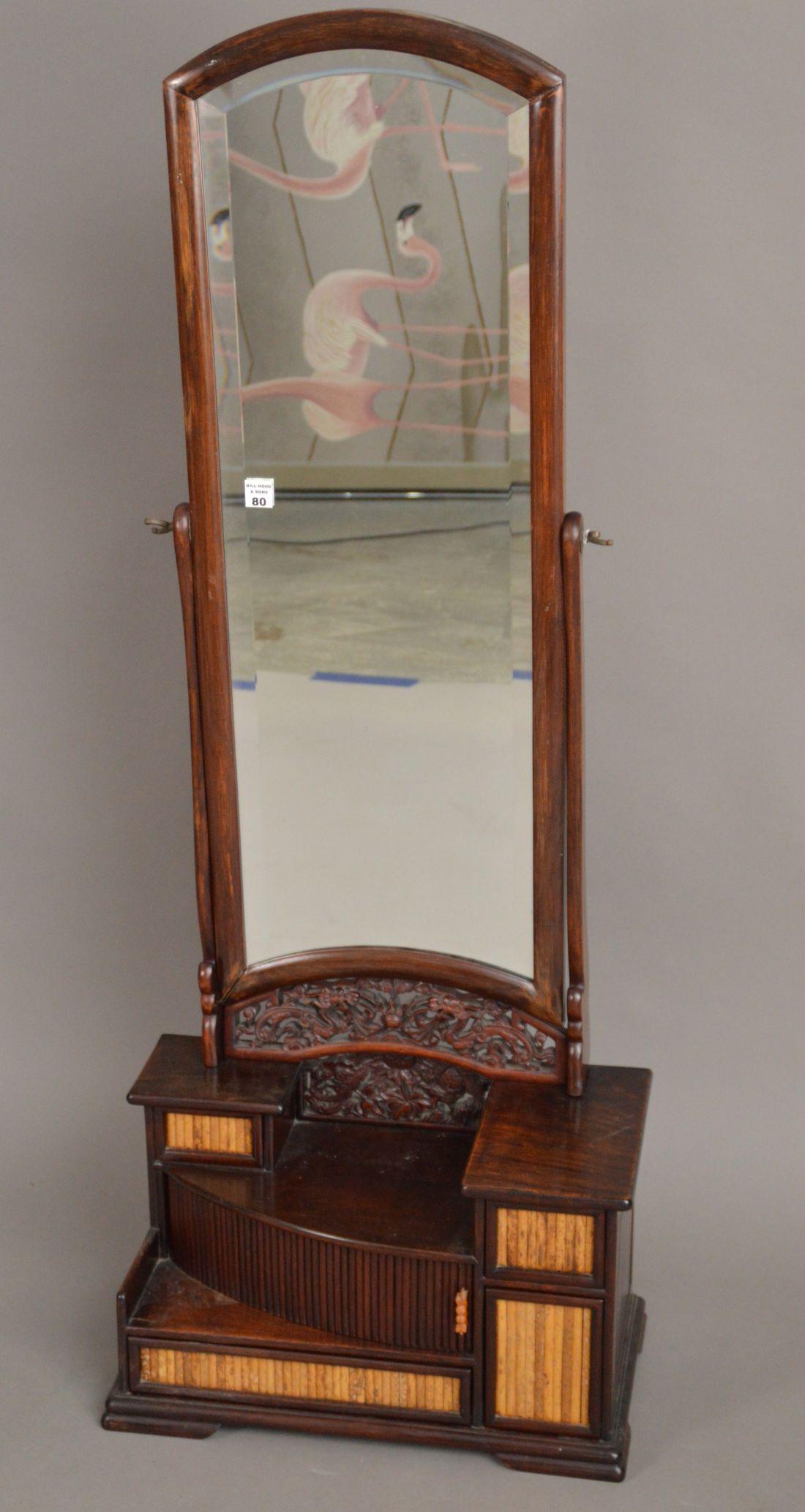 Vintage Chinese Rosewood cheval style table mirror. 51: Vintage Chinese Rosewood cheval style table mirror. 51 inches tall