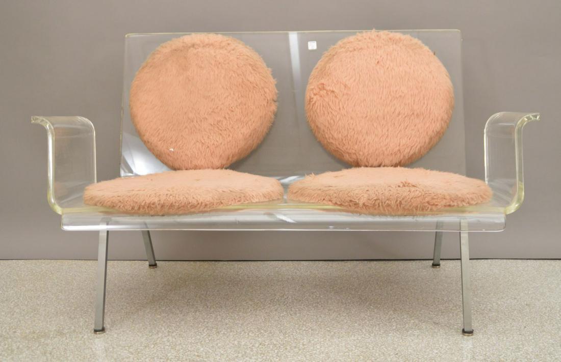 Vintage Lucite 2 seat bench with 4 inserted cushions,: Vintage Lucite 2 seat bench with 4 inserted cushions, 32h x 52w x 26d inches (appropriate condition for age)