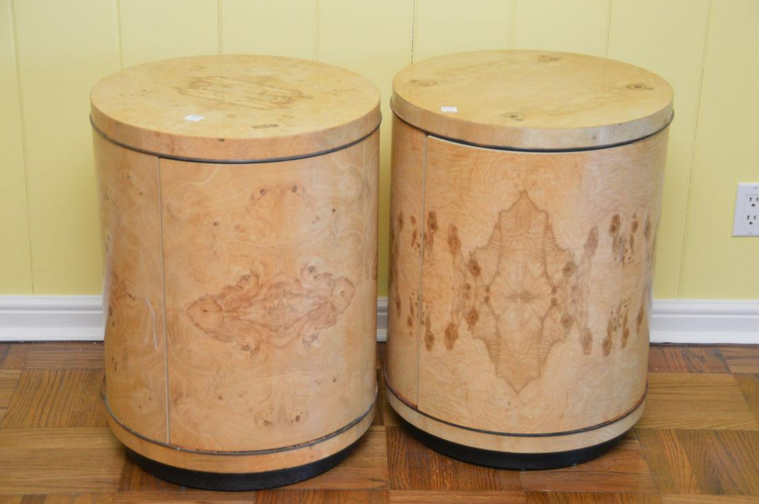 Pair Burl Light Wood Drum Form Side Cabinets, Single: Pair Burl Light Wood Drum Form Side Cabinets, Single Cabinet door, 25"h x 20"dia