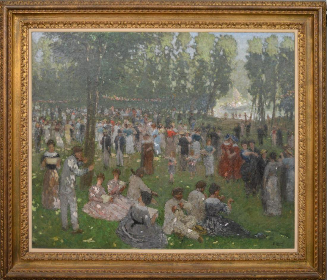 Ernest Quost (France 1844 - 1931) oil on relined: Ernest Quost (France 1844 - 1931) oil on relined canvas, Impressionist, formal gathering- Park Scene, painting size is 35 x 42 inches overall framed size 45 x 52 inches
