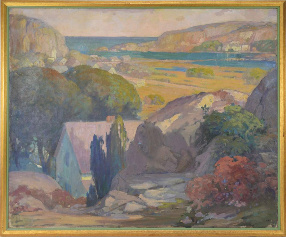 Frederick Lincoln Stoddard (AMERICAN, 1861–1940) oil on: Frederick Lincoln Stoddard (AMERICAN, 1861–1940) oil on canvas, NE Harbor with cottage in foreground, 30" x 36" (small puncture and couple small patches on back)