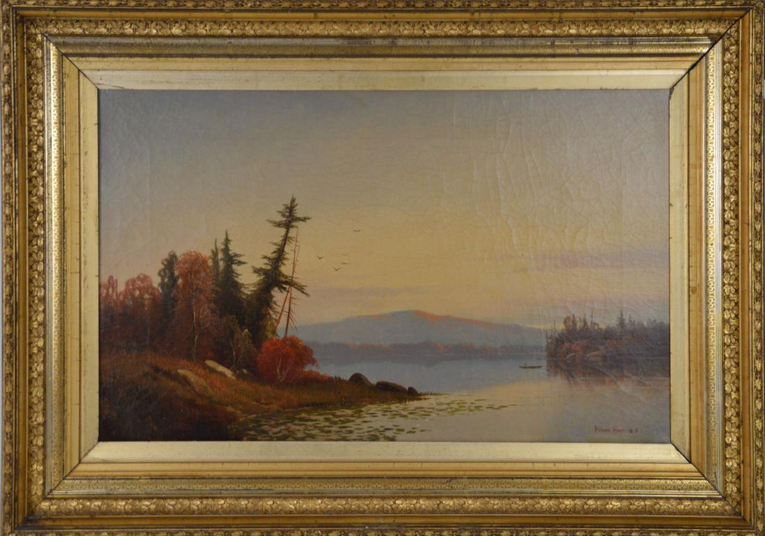 Hermann Gustave Simon (AMERICAN, 1846–1895) Hudson: Hermann Gustave Simon (AMERICAN, 1846–1895) Hudson River mountain lake scene, oil on canvas, painting size 15 x 25 inches, framed size approx. 22 x 33 inches